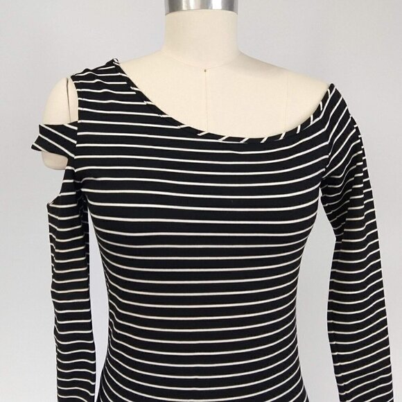 Torn Ronny Kobo Striped Cut Out Sleeve Dress Size S Cold Shoulder Black White - Picture 2 of 11